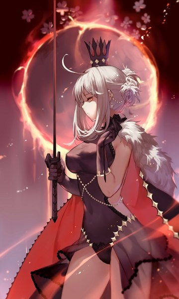 Anime picture 576x960 with fate (series) fate/stay night artoria pendragon (all) saber saber alter joseph lee single tall image looking at viewer fringe short hair breasts light erotic red eyes large breasts standing holding yellow eyes payot silver hair