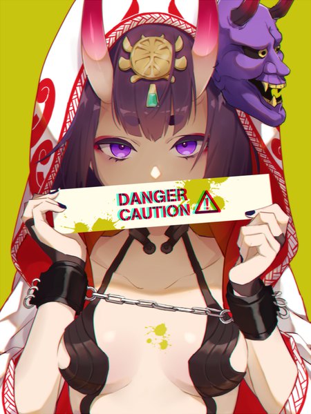 Anime picture 800x1066 with fate (series) fate/grand order shuten douji (fate) fujikiri yana single tall image looking at viewer fringe short hair breasts light erotic simple background purple eyes holding purple hair upper body nail polish horn (horns) text eyebrows