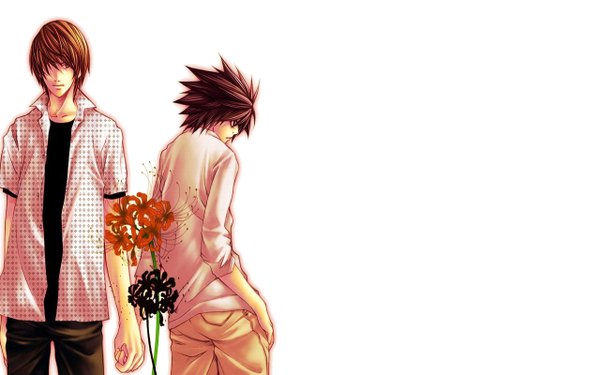 Anime picture 1280x800 with death note madhouse yagami light l (death note) short hair black hair simple background brown hair wide image white background holding hands hand in pocket boy flower (flowers) higanbana