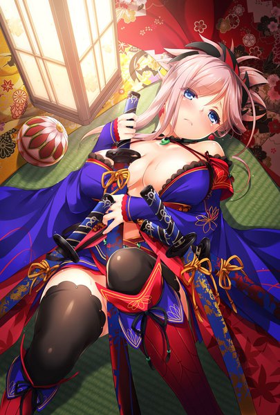 Anime picture 800x1184 with fate (series) fate/grand order miyamoto musashi (fate) nakajima yuka single long hair tall image looking at viewer blush fringe breasts blue eyes light erotic hair between eyes large breasts bare shoulders pink hair cleavage lying traditional clothes