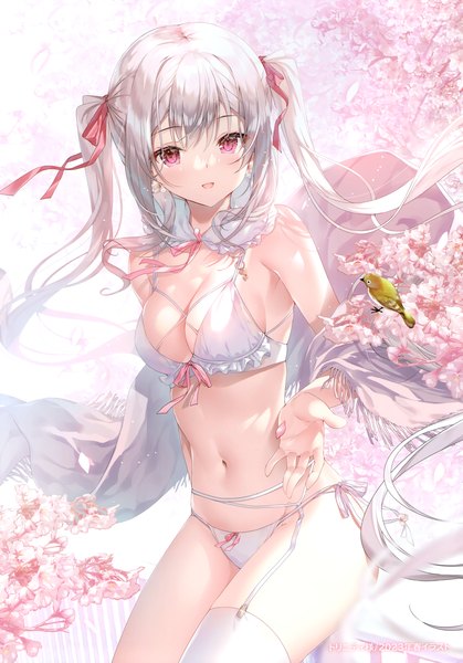 Anime picture 2096x3002 with original miwabe sakura single long hair tall image looking at viewer fringe highres breasts open mouth light erotic smile red eyes large breasts sitting twintails payot :d wind scan