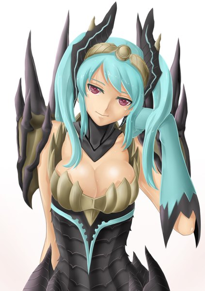 Anime picture 1165x1653 with monster hunter oni-noboru single long hair tall image looking at viewer breasts light erotic large breasts white background twintails blue hair cleavage pink eyes girl gloves elbow gloves