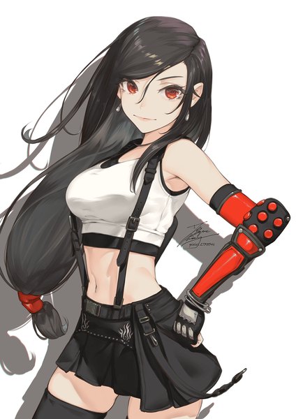 Anime-Bild 1061x1500 mit final fantasy final fantasy vii square enix tifa lockhart fadingz single long hair tall image looking at viewer fringe breasts black hair simple background smile hair between eyes red eyes standing white background bare shoulders signed