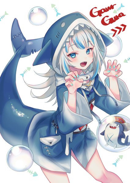Anime picture 1629x2300 with virtual youtuber hololive hololive english gawr gura gawr gura (1st costume) bloop (gawr gura) zoff (daria) single long hair tall image looking at viewer blush open mouth blue eyes white background white hair tail nail polish :d multicolored hair