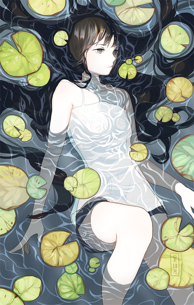 Anime picture 638x1000 with original yueko (jiayue wu) single long hair tall image brown hair bare shoulders looking away grey eyes partially submerged floating hair afloat ophelia's pose girl flower (flowers) water shorts short shorts camisole water lily
