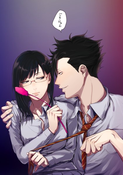 Anime picture 1046x1491 with haikyuu!! production i.g kuroo tetsurou shimizu kiyoko hannyag tall image short hair black hair black eyes couple necktie grab girl boy shirt glasses necktie cattail