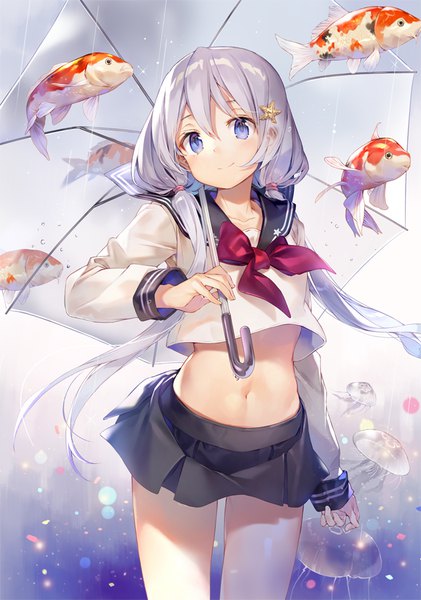 Anime picture 632x900 with original gilse single long hair tall image looking at viewer blush fringe blue eyes light erotic smile hair between eyes standing twintails holding silver hair head tilt midriff low twintails lens flare