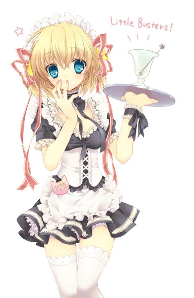 Anime picture 1000x1533 with little busters! key (studio) kamikita komari sakura neko single tall image looking at viewer short hair blue eyes blonde hair simple background white background maid two side up girl thighhighs ribbon (ribbons) hair ribbon white thighhighs headdress