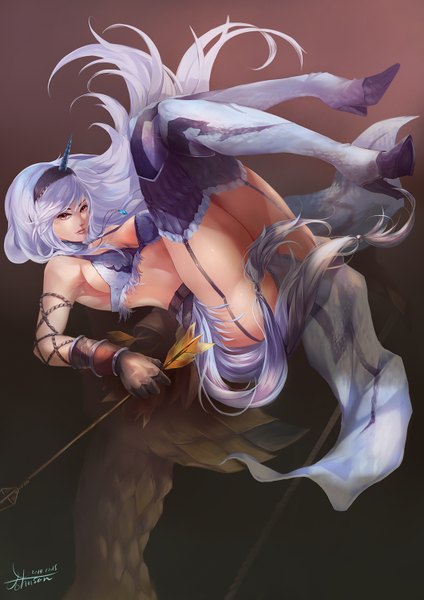 Anime picture 1061x1500 with johnson zhuang single long hair tall image looking at viewer breasts light erotic brown eyes white hair horn (horns) pantyshot girl underwear panties boots thigh boots arrow (arrows)