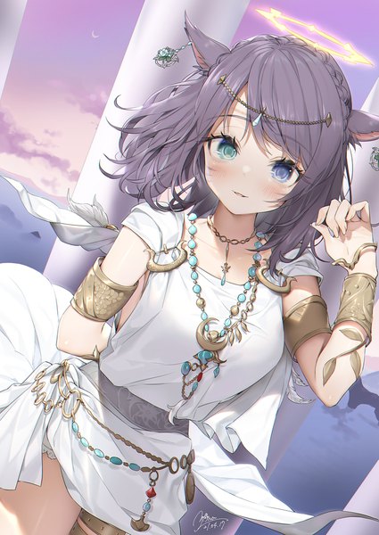 Anime picture 1128x1593 with final fantasy final fantasy xiv square enix miqo'te yana mori single long hair tall image looking at viewer fringe blue eyes smile standing green eyes signed animal ears sky cloud (clouds) braid (braids) wind