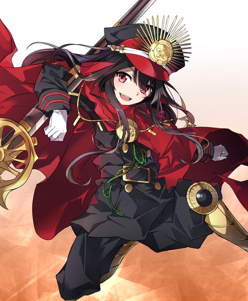 Anime picture 808x980 with fate (series) fate/grand order koha-ace oda nobunaga (fate) (all) oda nobunaga (fate) tsuedzu single long hair tall image looking at viewer blush fringe open mouth black hair simple background smile hair between eyes red eyes white background head tilt