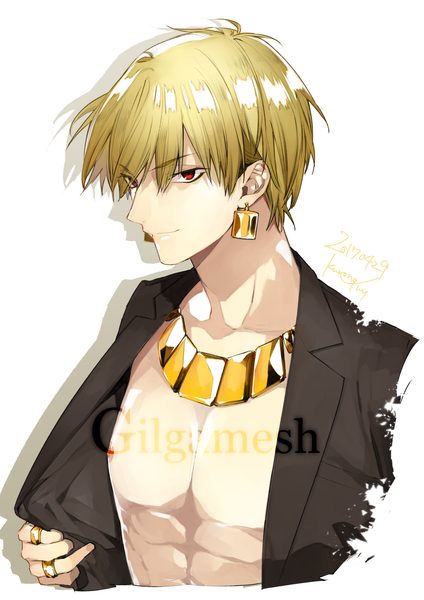 Anime picture 1000x1416 with fate (series) fate/grand order gilgamesh (fate) kurono yuu single tall image looking at viewer short hair blonde hair simple background red eyes white background signed upper body light smile shadow character names dated boy earrings