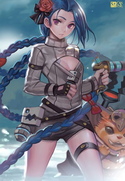 Anime picture 725x1050 with league of legends jinx (league of legends) gnar (league of legends) canking tall image purple eyes blue hair looking away very long hair hair flower teeth fang (fangs) girl gloves hair ornament flower (flowers) weapon fingerless gloves gun sweater