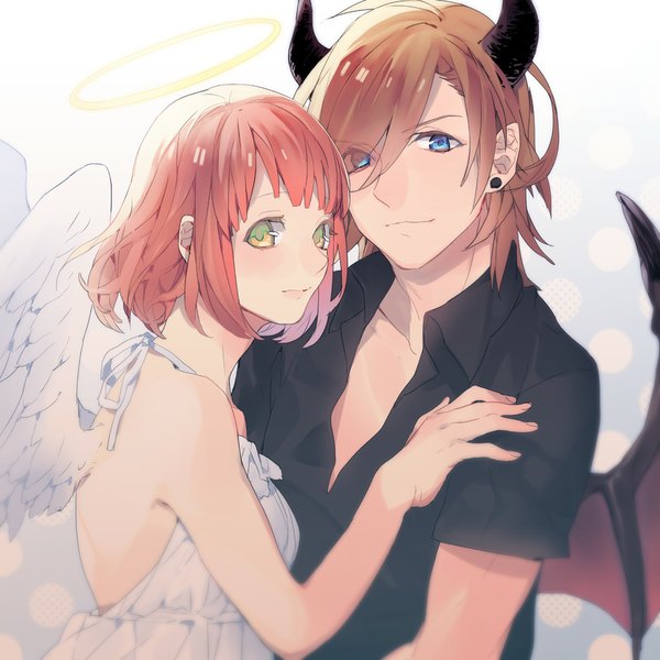 Anime picture 1000x1000 with uta no prince-sama a-1 pictures jinguji ren nanami haruka (uta no prince-sama) ayune (artist) looking at viewer short hair blue eyes simple background blonde hair bare shoulders green eyes yellow eyes red hair looking back horn (horns) light smile open clothes open shirt sleeveless
