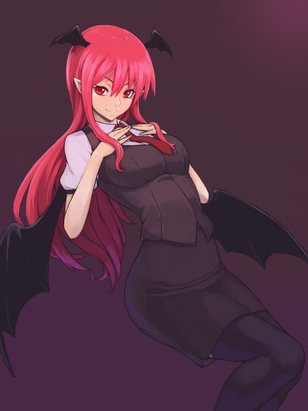 Anime picture 1200x1600 with touhou koakuma kakone single long hair tall image looking at viewer fringe simple background smile red eyes red hair pointy ears bat wings head wings purple background girl thighhighs skirt black thighhighs
