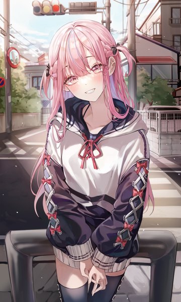 Anime picture 3300x5500 with virtual youtuber hololive minato aqua fu u03 single long hair tall image looking at viewer blush fringe highres smile hair between eyes standing pink hair absurdres sky cloud (clouds) outdoors long sleeves