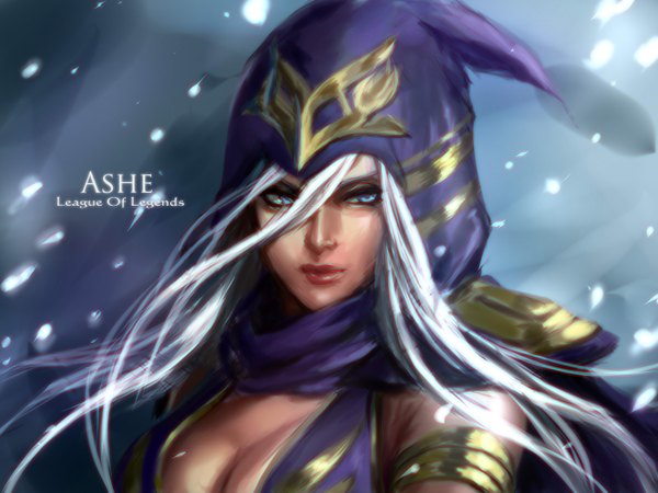 Anime picture 1400x1050 with league of legends ashe (league of legends) non (nonzile) single long hair breasts blue eyes looking away cleavage white hair lips inscription copyright name character names girl hood