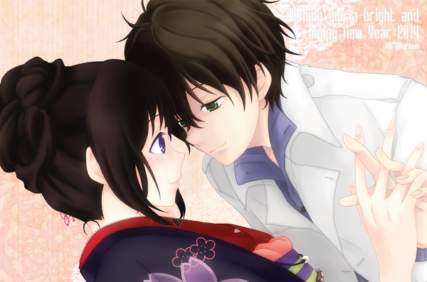 Anime picture 1511x1000 with hyouka kyoto animation chitanda eru oreki houtarou evgrxxriu short hair black hair purple eyes green eyes traditional clothes japanese clothes light smile couple alternate hairstyle new year eye contact happy new year hair up 2014 girl