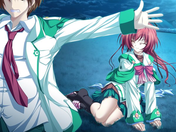 Anime picture 1600x1200 with magus tale whirlpool (studio) seera finis victoria amagase daiki tenmaso long hair blush short hair brown hair sitting game cg ponytail red hair eyes closed night spread arms clenched teeth girl boy uniform