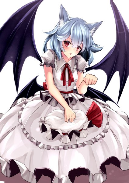 Anime picture 1158x1637 with touhou remilia scarlet sinkai single long hair tall image looking at viewer blush fringe red eyes white background animal ears blue hair cat ears :o short sleeves puffy sleeves bat wings kemonomimi mode hat removed
