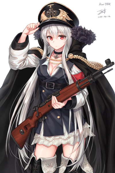 Anime picture 1500x2250 with girls frontline kar98k (girls frontline) baek hyang single long hair tall image looking at viewer blush fringe breasts simple background hair between eyes red eyes standing white background holding signed cleavage silver hair white hair