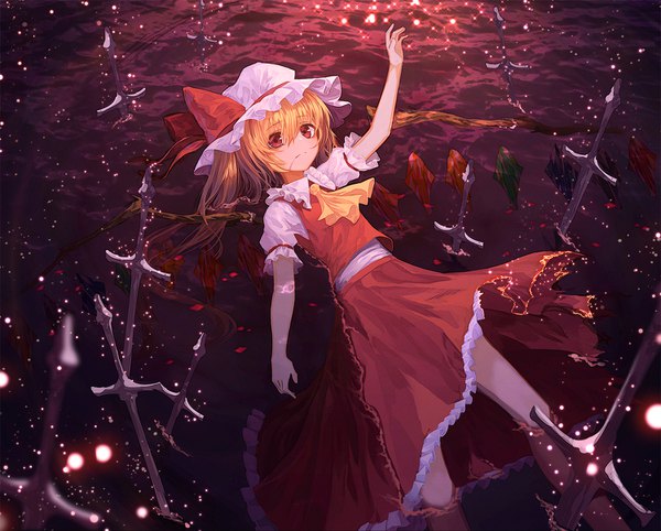 Anime picture 1500x1206 with touhou flandre scarlet lo-ta single long hair fringe blonde hair hair between eyes red eyes arm up puffy sleeves partially submerged looking up afloat girl skirt weapon hat sword wings