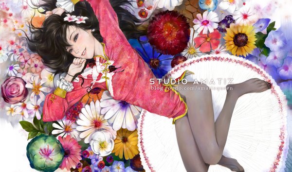Anime picture 1300x769 with original amatiz black hair wide image lying hair flower chinese clothes girl hair ornament flower (flowers) pantyhose chinese dress