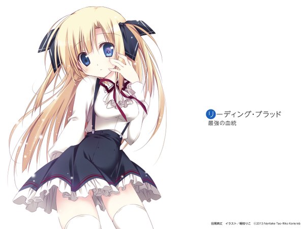 Anime picture 1400x1050 with korie riko single long hair looking at viewer blue eyes simple background blonde hair white background girl thighhighs dress bow hair bow white thighhighs