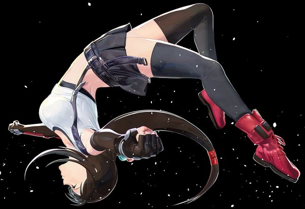Anime-Bild 1317x901 mit final fantasy final fantasy vii final fantasy vii remake square enix tifa lockhart cofffee single long hair simple background brown hair full body profile pleated skirt black background spread arms low ponytail jumping girl thighhighs skirt