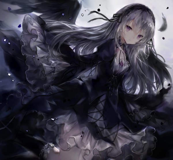 Anime-Bild 1500x1391 mit rozen maiden suigintou hanchan single long hair looking at viewer fringe breasts hair between eyes standing purple eyes holding long sleeves very long hair grey hair wide sleeves dutch angle puffy sleeves floating hair sleeves past wrists