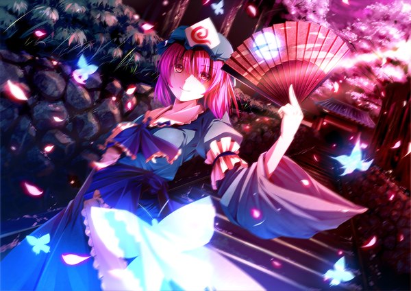 Anime picture 1500x1060 with touhou saigyouji yuyuko ryosios single short hair red eyes purple hair girl dress plant (plants) petals tree (trees) insect butterfly bonnet fan