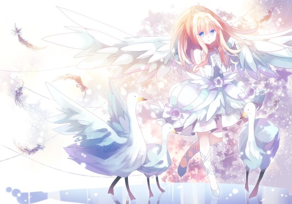 Anime picture 1284x900 with original filiananna long hair looking at viewer blush open mouth blue eyes blonde hair standing bare shoulders angel wings girl dress gloves hair ornament animal wings water white gloves white dress