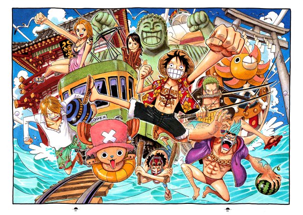 Anime picture 4218x3000 with one piece toei animation nami (one piece) monkey d. luffy nico robin roronoa zoro sanji tony tony chopper usopp franky thousand sunny oda eiichirou long hair looking at viewer fringe highres short hair breasts open mouth black hair
