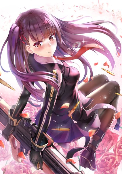 Anime picture 707x1000 with girls frontline wa2000 (girls frontline) qian wu atai single long hair tall image looking at viewer blush fringe breasts simple background white background holding brown eyes blunt bangs sparkle tears one side up floating hair turning head