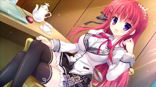 Anime picture 1280x720 with alia's carnival! ousaka asuha mitha single long hair looking at viewer blush breasts open mouth smile wide image large breasts sitting purple eyes game cg red hair crossed legs girl thighhighs skirt