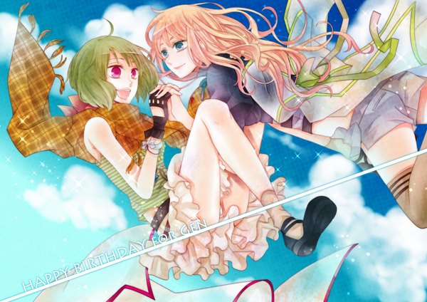 Anime picture 2000x1414 with macross macross frontier sheryl nome ranka lee mizuyu long hair highres short hair open mouth blue eyes blonde hair smile red eyes sky cloud (clouds) green hair holding hands girl ribbon (ribbons) scarf