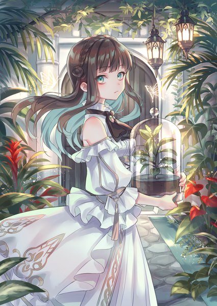 Anime picture 1417x2000 with original zoff (daria) single long hair tall image looking at viewer fringe brown hair standing bare shoulders holding payot outdoors blunt bangs braid (braids) multicolored hair aqua eyes off shoulder two-tone hair hair bun (hair buns)