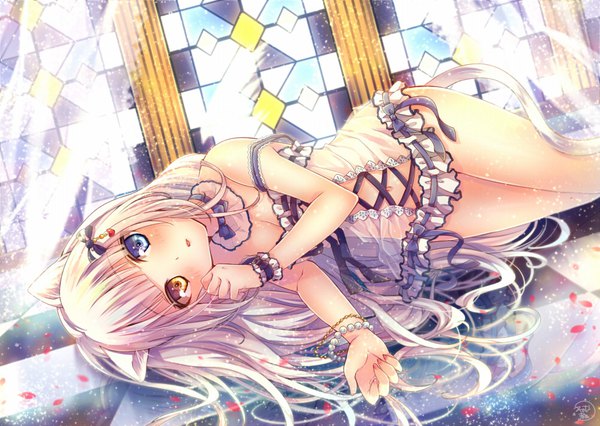 Anime picture 1000x710 with original nemuri nemu single long hair looking at viewer blush blue eyes light erotic signed animal ears yellow eyes white hair tail nail polish parted lips animal tail cat ears cat girl cat tail heterochromia
