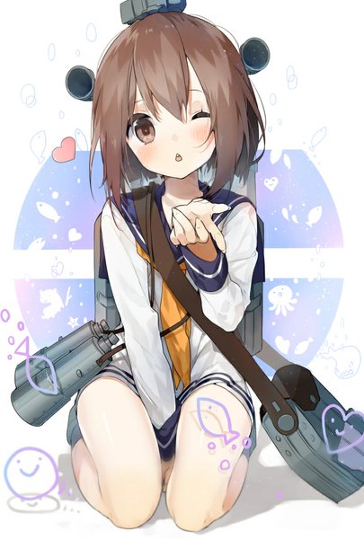 Anime picture 620x918 with kantai collection yukikaze destroyer itohana single tall image fringe short hair open mouth light erotic smile brown hair brown eyes one eye closed wink blown kiss girl heart binoculars