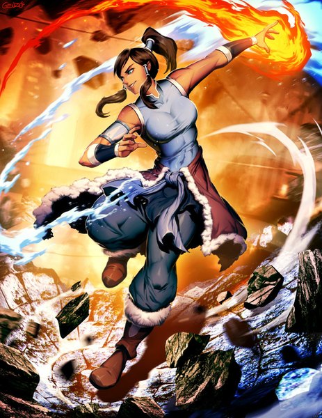 Anime picture 766x992 with avatar: the legend of korra korra genzoman single long hair tall image blue eyes smile brown hair ponytail sunlight magic girl water fur fire