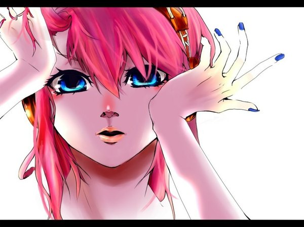 Anime picture 1000x745 with vocaloid megurine luka single looking at viewer blush highres open mouth blue eyes white background pink hair music girl hands