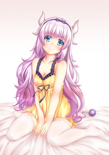 Anime picture 2480x3508 with kobayashi-san chi no maidragon kyoto animation kanna kamui siki2046 single long hair tall image looking at viewer blush highres blue eyes simple background smile sitting bare shoulders payot cleavage purple hair full body head tilt