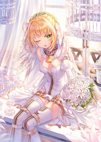 Anime picture 888x1242 with fate (series) fate/extra fate/extra ccc nero claudius (fate) (all) nero claudius (bride) (fate) momingie single tall image looking at viewer blush fringe short hair breasts open mouth blonde hair sitting bare shoulders holding green eyes cleavage