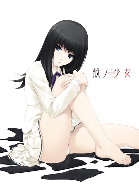 Anime picture 960x1280 with kara no shoujo innocent grey kuchiki toko coffee-kizoku single long hair tall image looking at viewer blue eyes light erotic black hair simple background white background sitting head tilt pleated skirt bare legs no shoes hieroglyph pointing