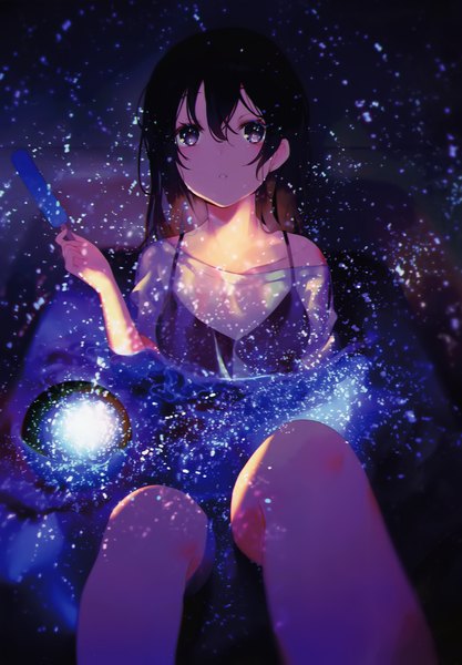 Anime picture 2789x4015 with original achiki single long hair tall image fringe highres black hair hair between eyes holding parted lips black eyes scan off shoulder partially submerged looking up girl food sweets ice cream