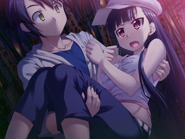 Anime picture 1600x1200 with dai ni ongakushitsu e youkoso!! ookouchi sayaka long hair blush short hair open mouth black hair red eyes yellow eyes game cg girl boy flat cap