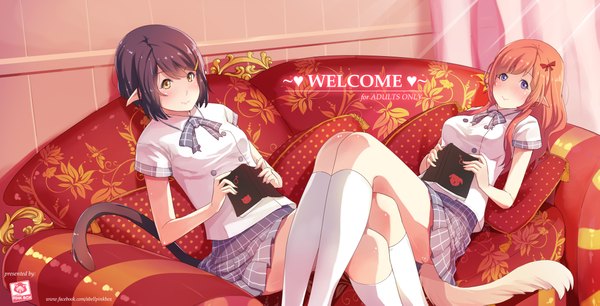 Anime picture 2283x1165 with dream-of-abell long hair looking at viewer blush highres short hair black hair wide image sitting purple eyes multiple girls brown eyes tail animal tail pointy ears orange hair cat tail girl skirt hair ornament
