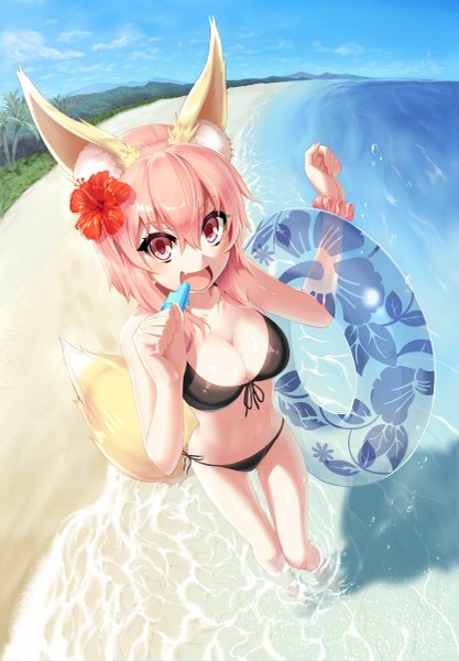 Anime picture 835x1200 with original zeroshiki kouichi single tall image looking at viewer blush fringe short hair breasts open mouth light erotic hair between eyes large breasts holding animal ears pink hair sky tail :d animal tail