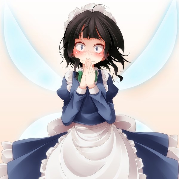Anime picture 2000x2000 with touhou s-syogo single blush highres short hair blue eyes black hair maid girl dress wings headdress maid headdress apron