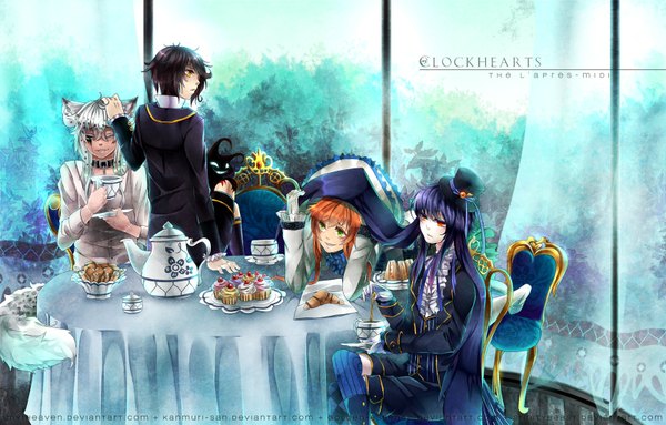 Anime picture 1600x1022 with original my1heaven long hair short hair open mouth smile red eyes sitting green eyes animal ears blue hair looking away tail eyes closed orange hair grin crossed legs text facial mark drinking